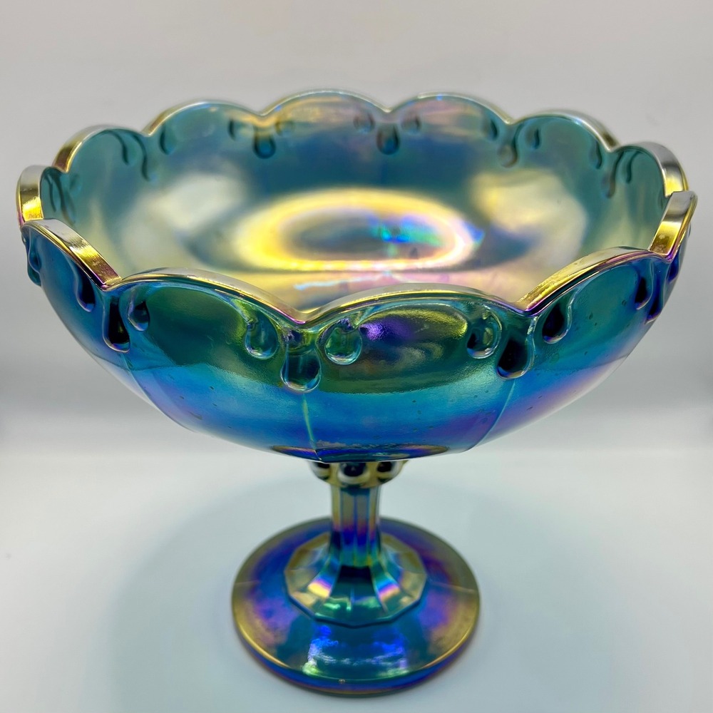 VTG Indiana Carnival Glass Garland Blue Pedestal Bowl Iridescent Compote 8in